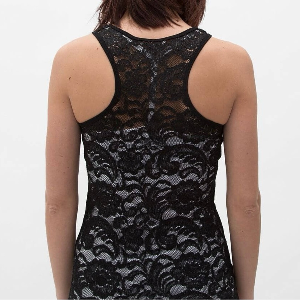BKE Black Lace Overlay Tank Top M Floral Sheer Lace Sleeveless Made in Canada - Picture 3 of 12
